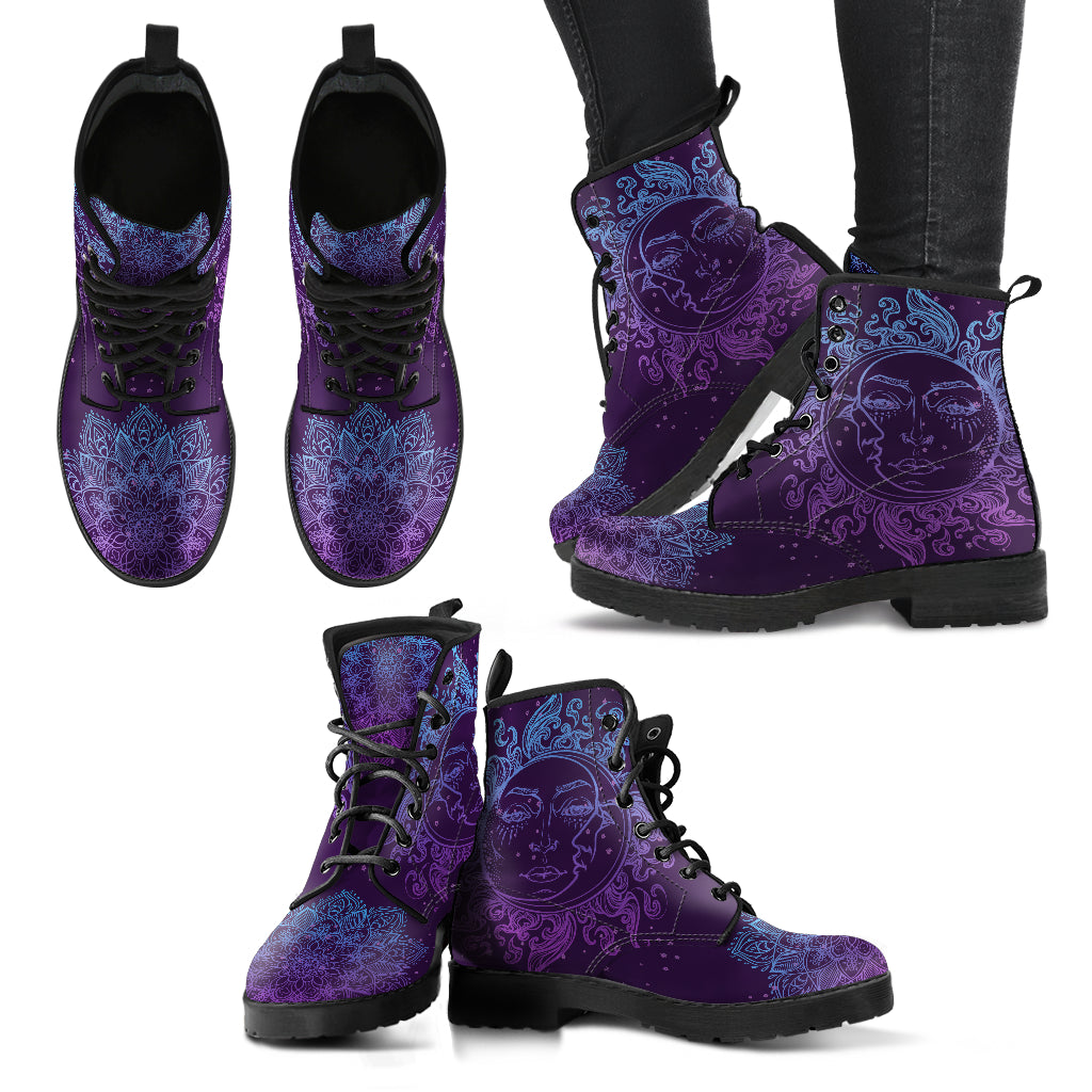 Purple Blue Sun And Moon Mandala Women's Eco-Friendly Leather Boots