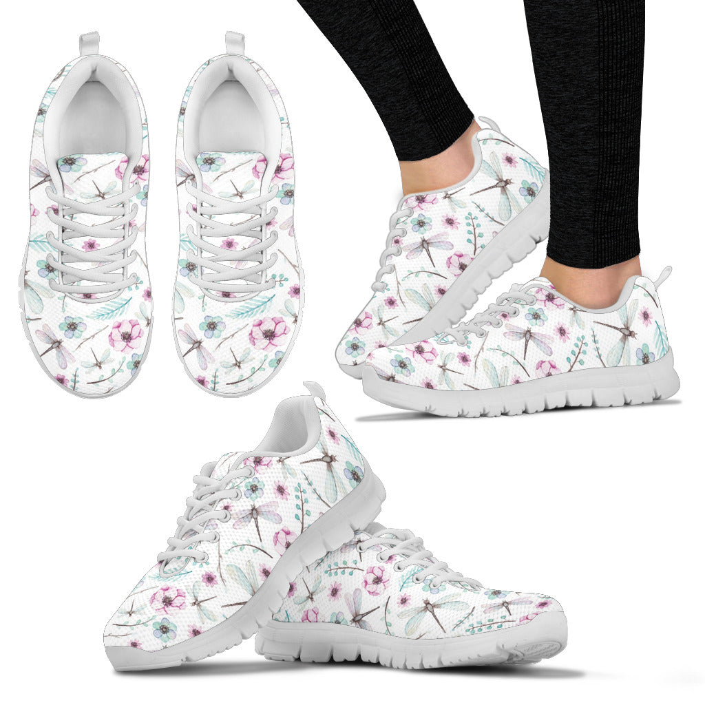 Dragonfly And Flowers Women's Sneakers White Soles
