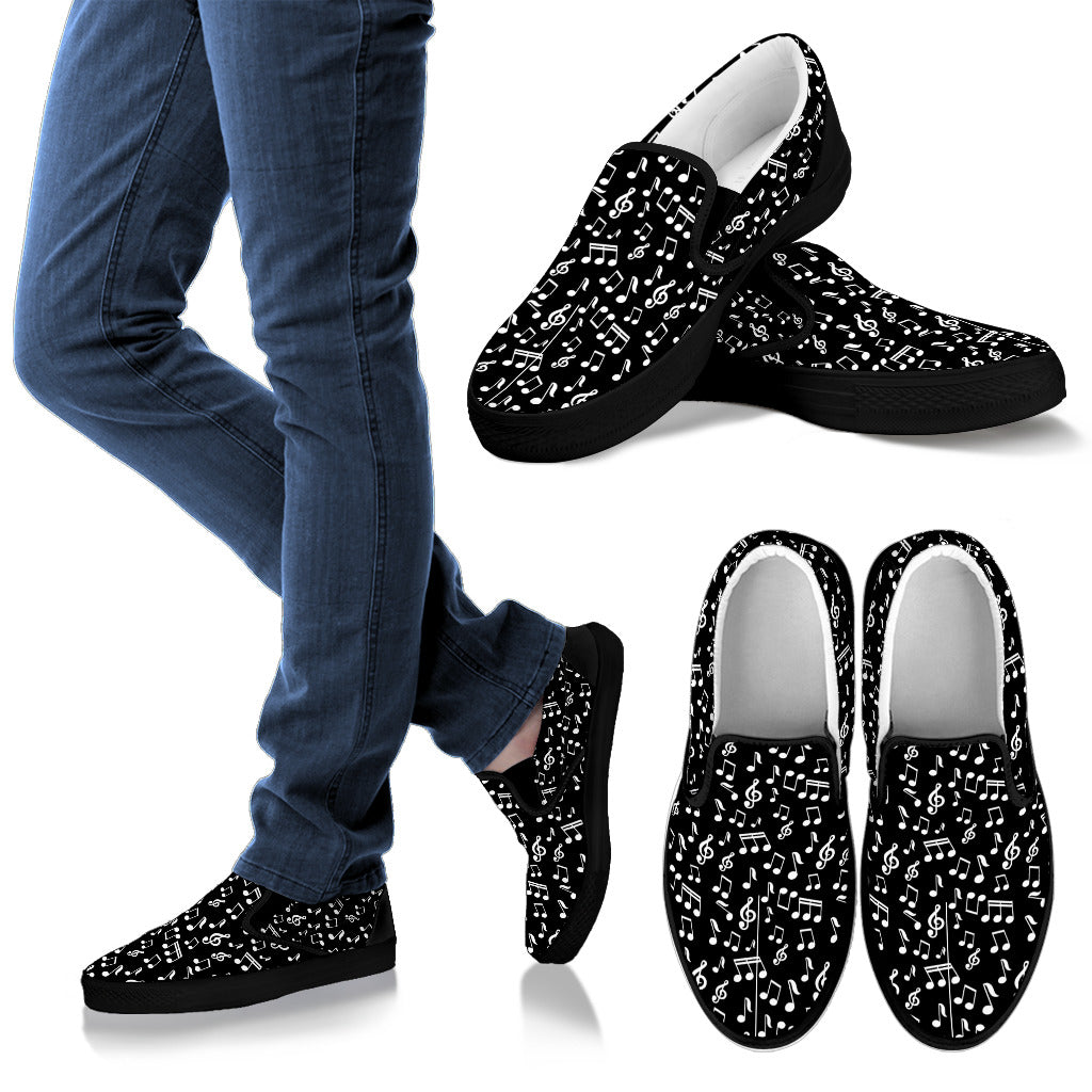 Musical Notes Women's Black Slip Ons With Black Soles