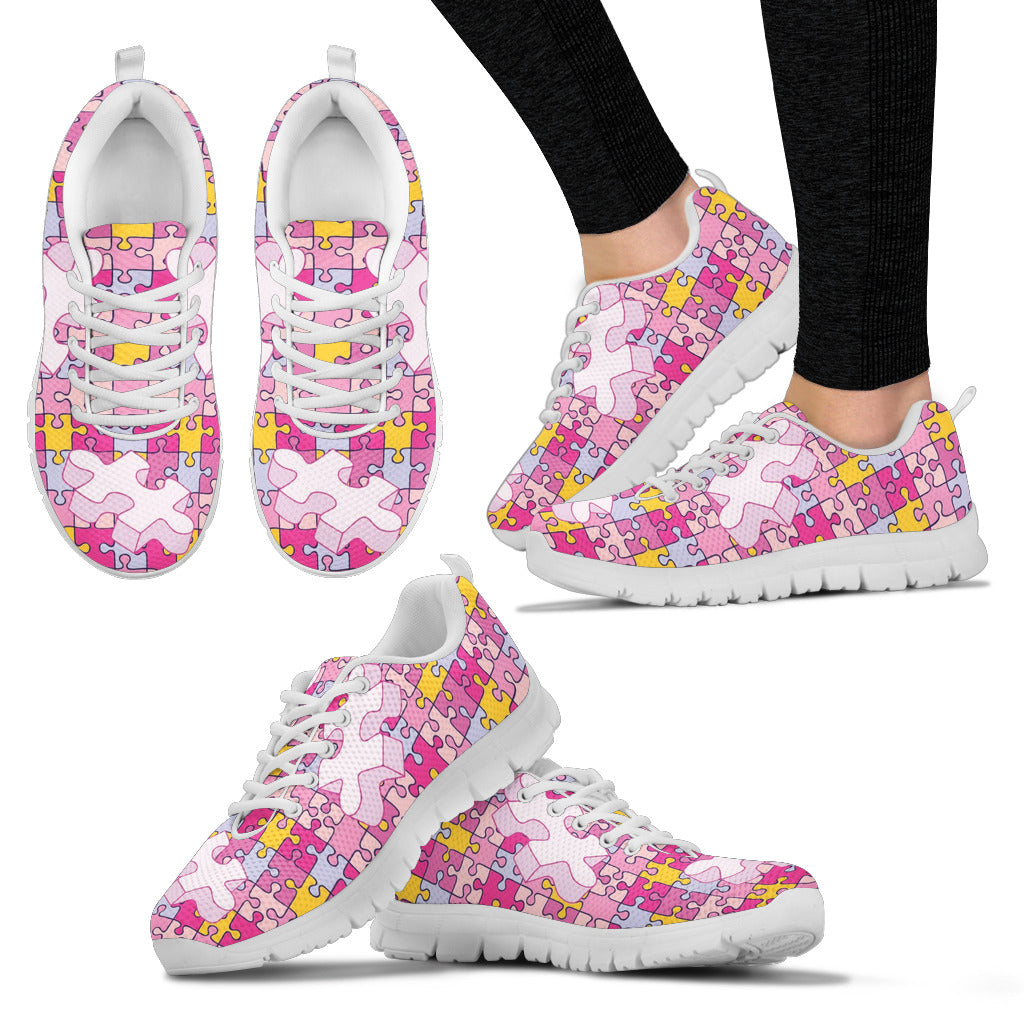 Pink Jigsaw Puzzle Women's Sneakers White Soles