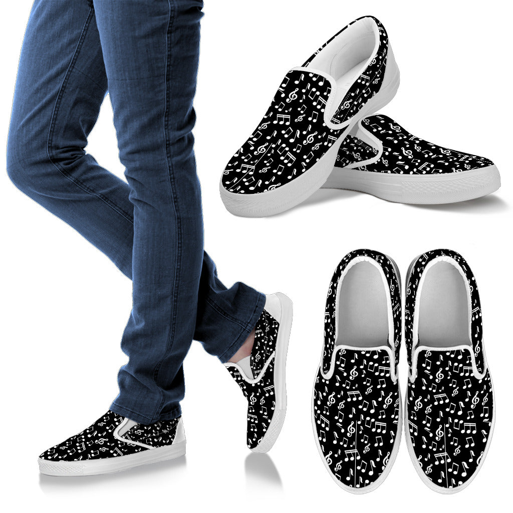 Musical Notes Women's Black Slip Ons With White Soles