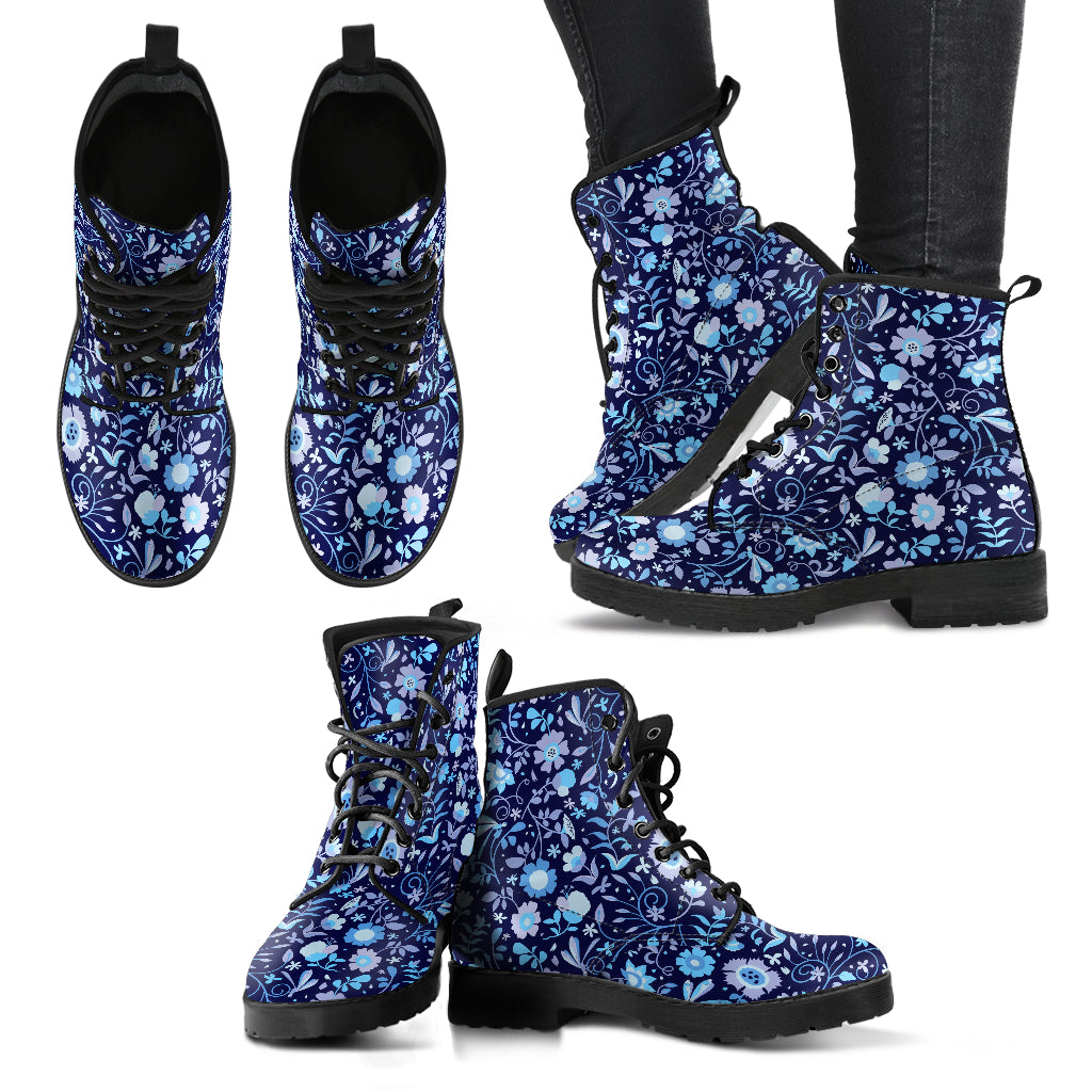 Blue Floral Women's Eco-Friendly Leather Boots