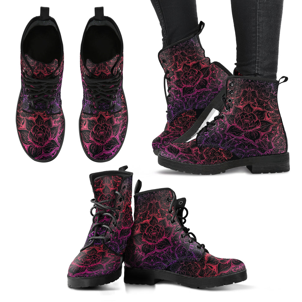 Pink Purple Floral Lace Women's Eco-Friendly Leather Boots