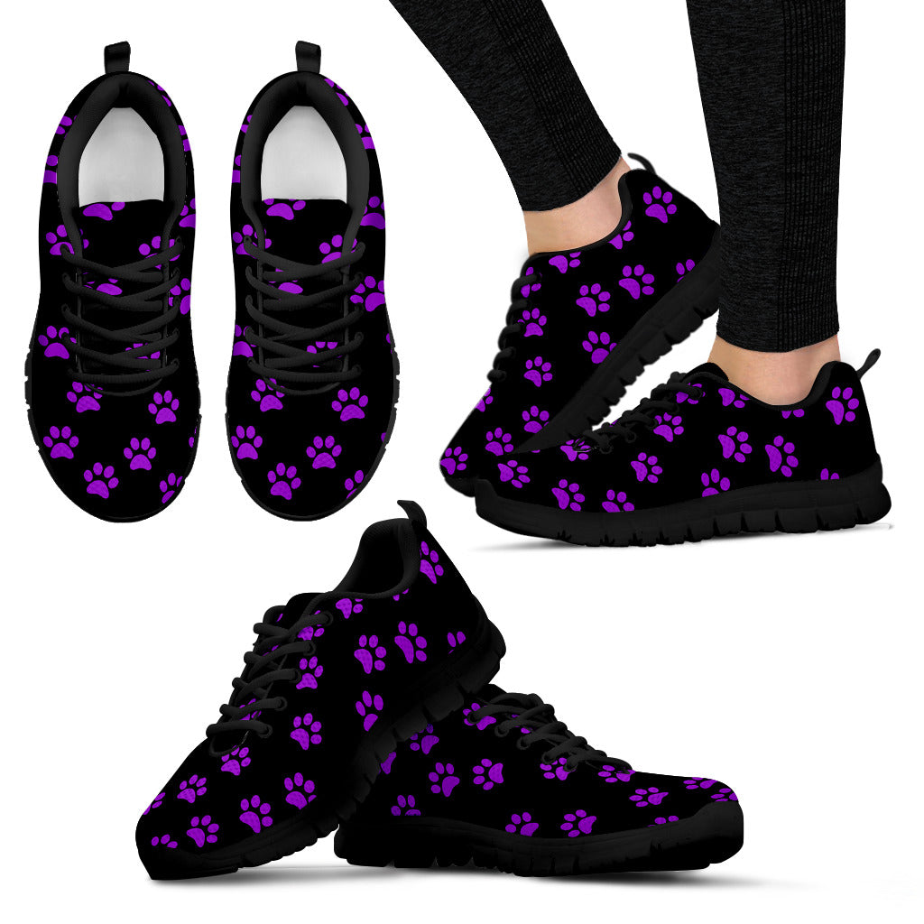 Bright Purple Paw Prints Ladies Black Sneakers Black Soles