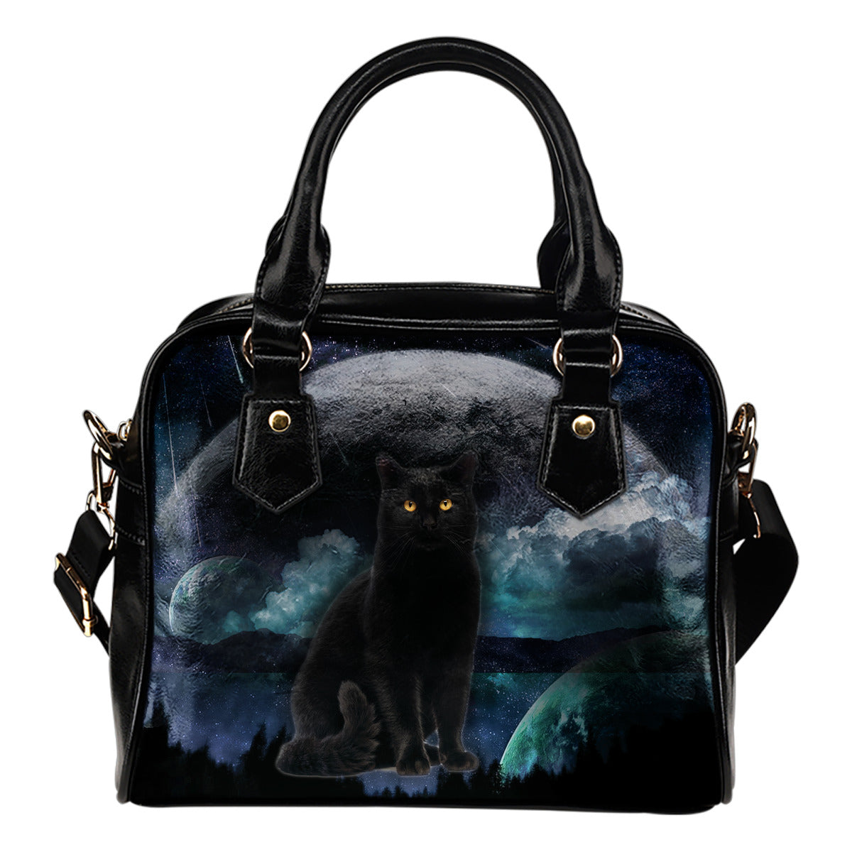Black Cat Planet Shoulder Handbag