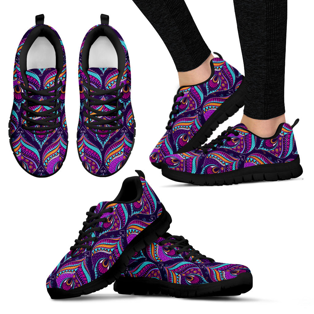 Purple Paisley Print Women's Sneakers Black Soles