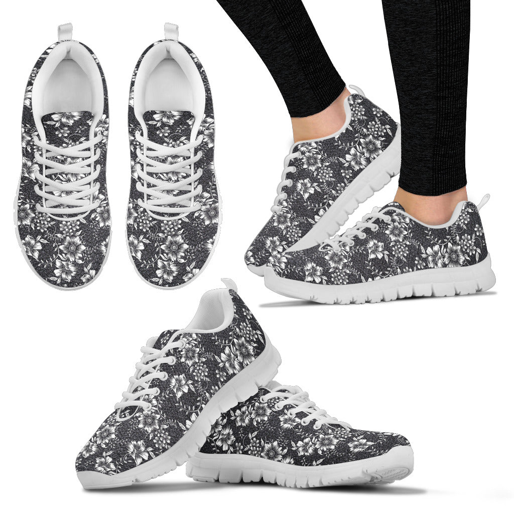Black and White Floral Women's Sneakers White Soles