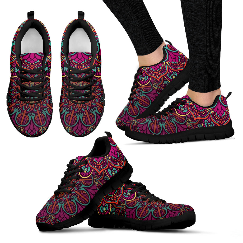 Fuchsia Paisley Print Women's Sneakers Black Soles