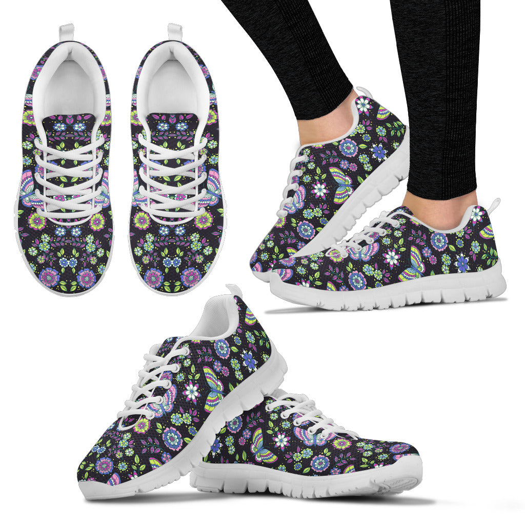 Flowers And Butterfly Women's Sneakers White Soles