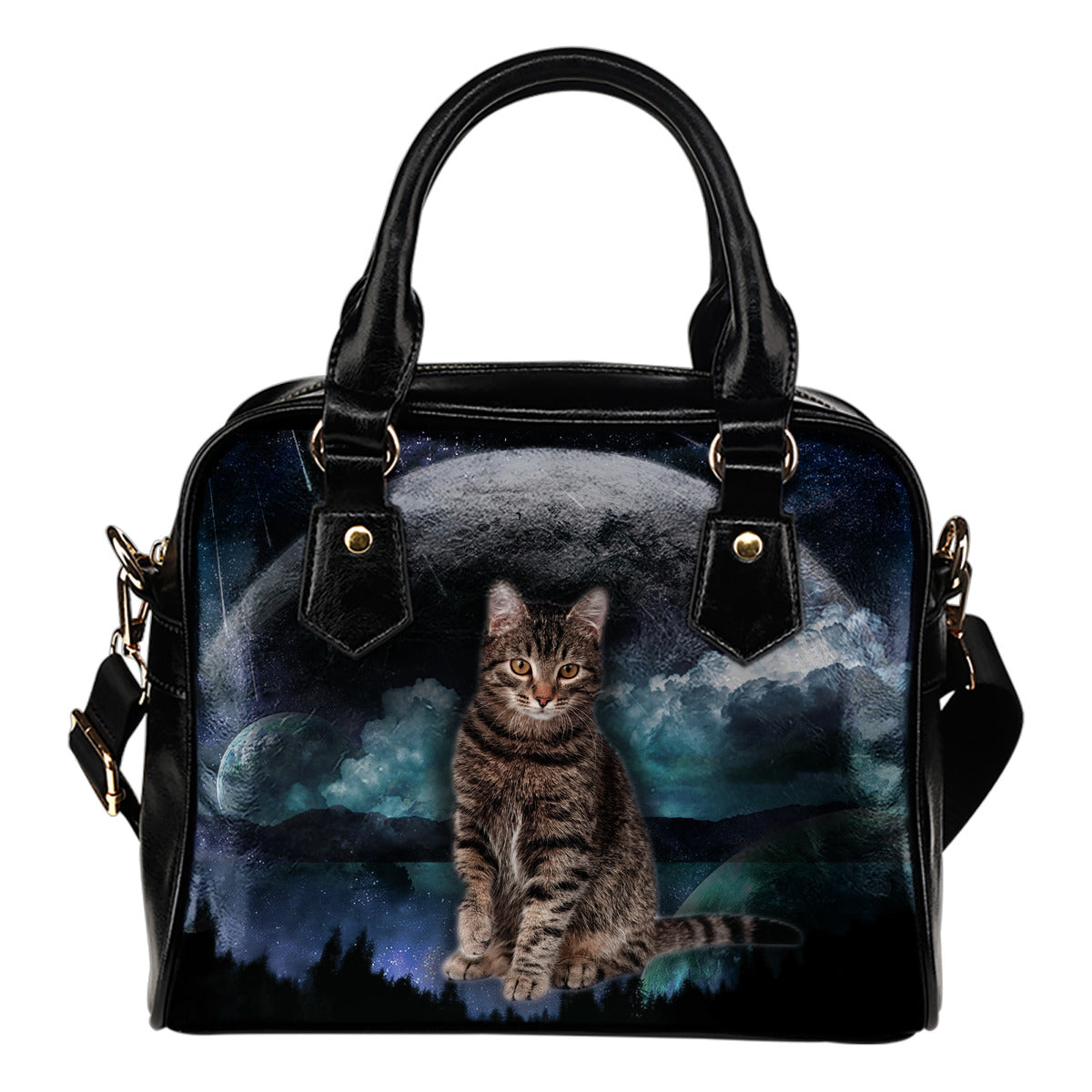 Striped Cat Planet Shoulder Handbag