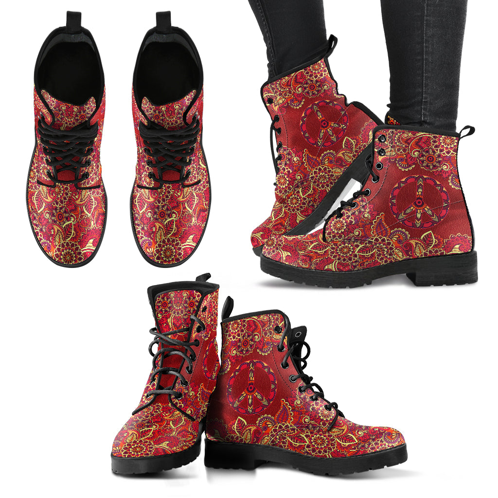 Red Peace Mandala Women's Eco-Friendly Leather Boots