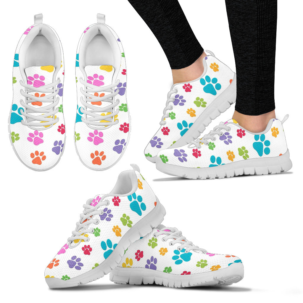 Colorful Paw Prints On Women's Sneakers White Soles