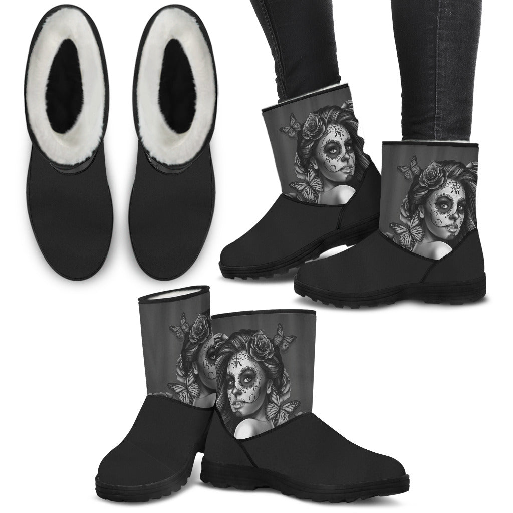 Calavera Black and White Ladies Eco-Friendly Faux Fur Boots