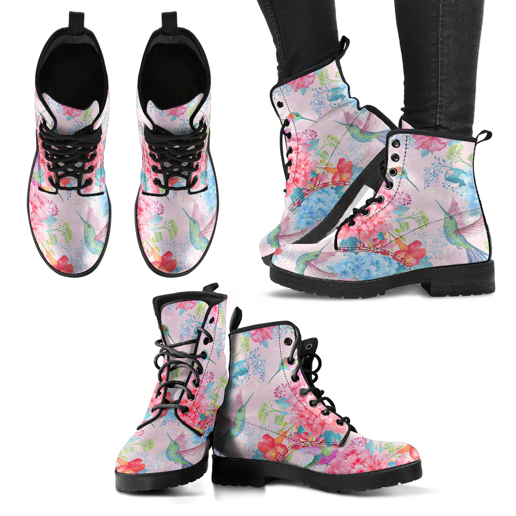Pastel Pink Hummingbird Women's Eco-Friendly Leather Boots