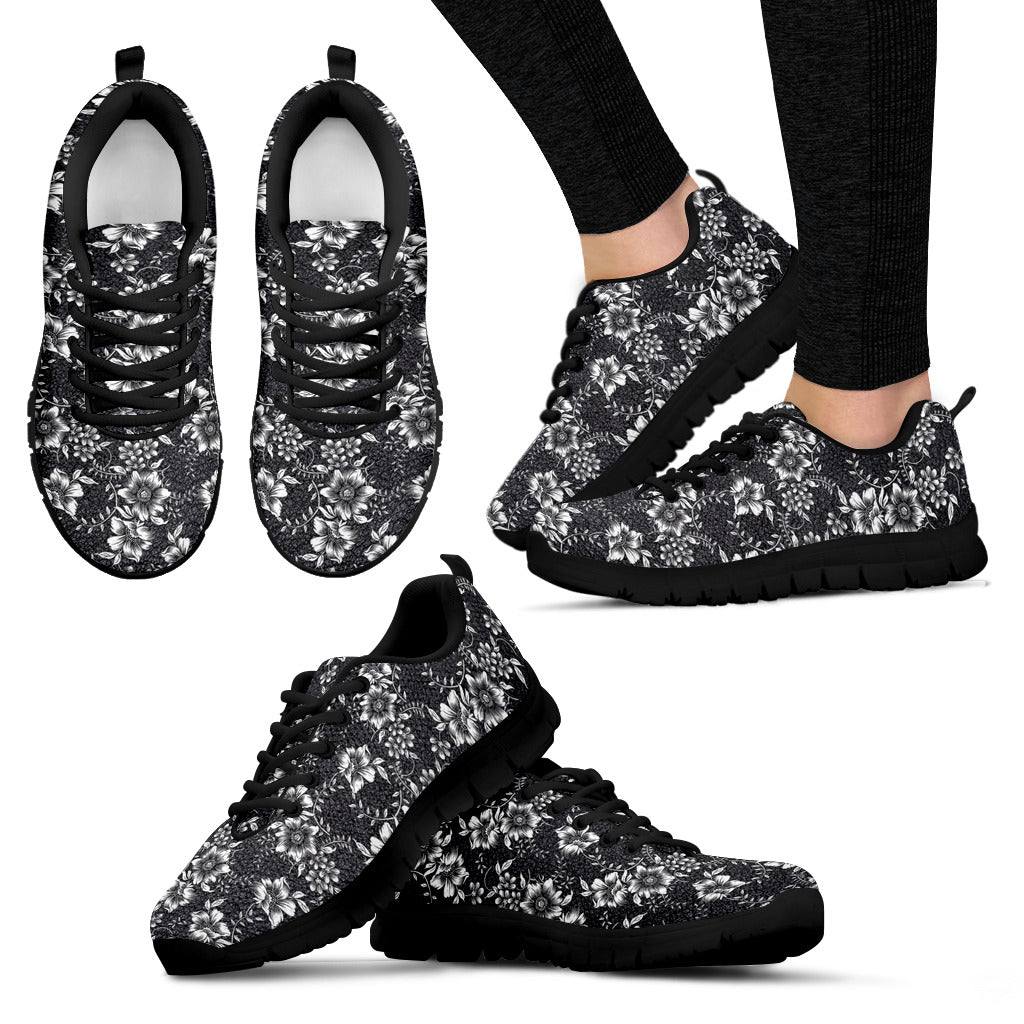 Black and White Floral Women's Sneakers Black Soles