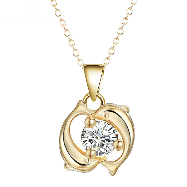 18K Gold Plated Double Dolphin Zircon  Necklace