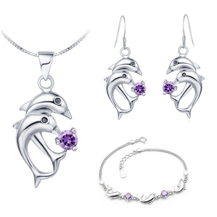 Dolphin Sterling Silver and Crystal Jewelry Set