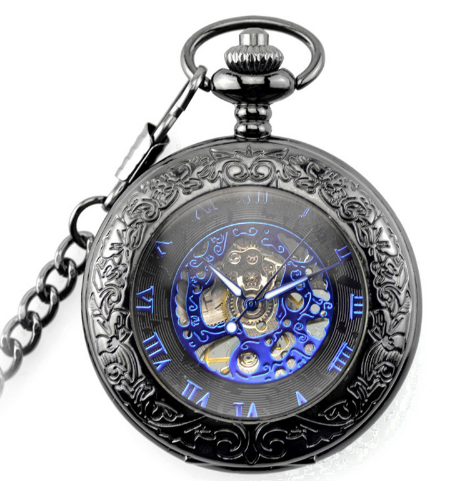 Blue Roman Numerals Mechanical Pocket Watch