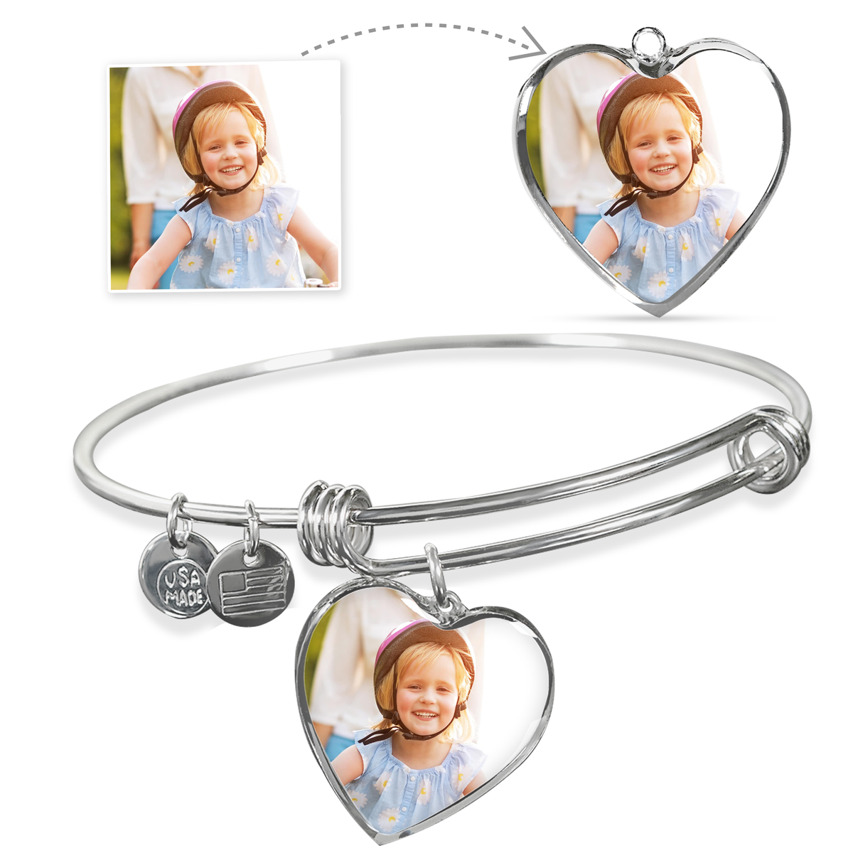 Custom Photo Heart Pendant Bangle Bracelet