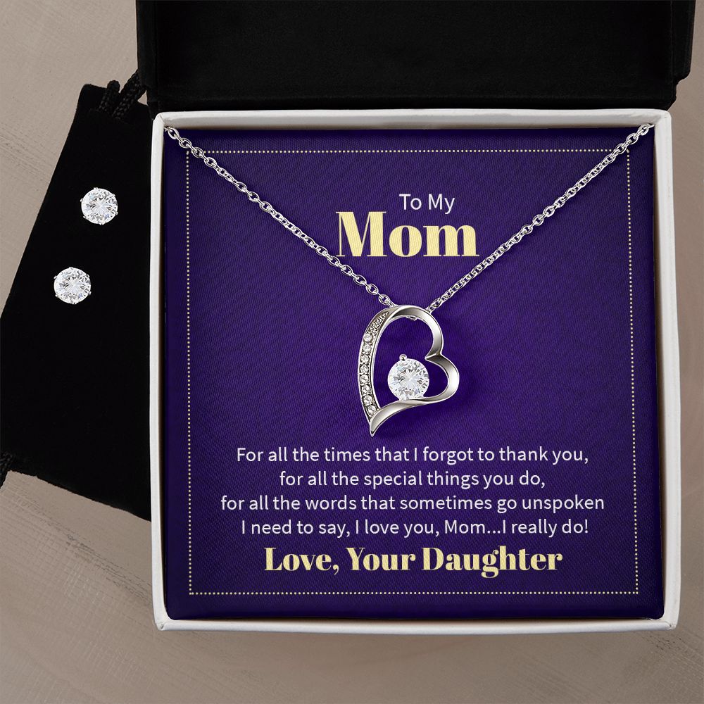 Mom Thank You Love Your Daughter Forever Love Necklace and Cubic Zirconia Earring Set