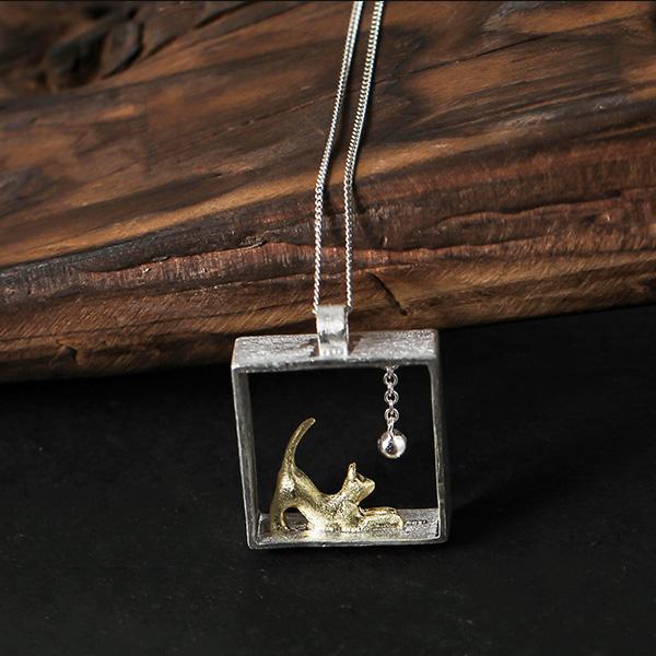 Sterling Silver Cat in the Box Necklace