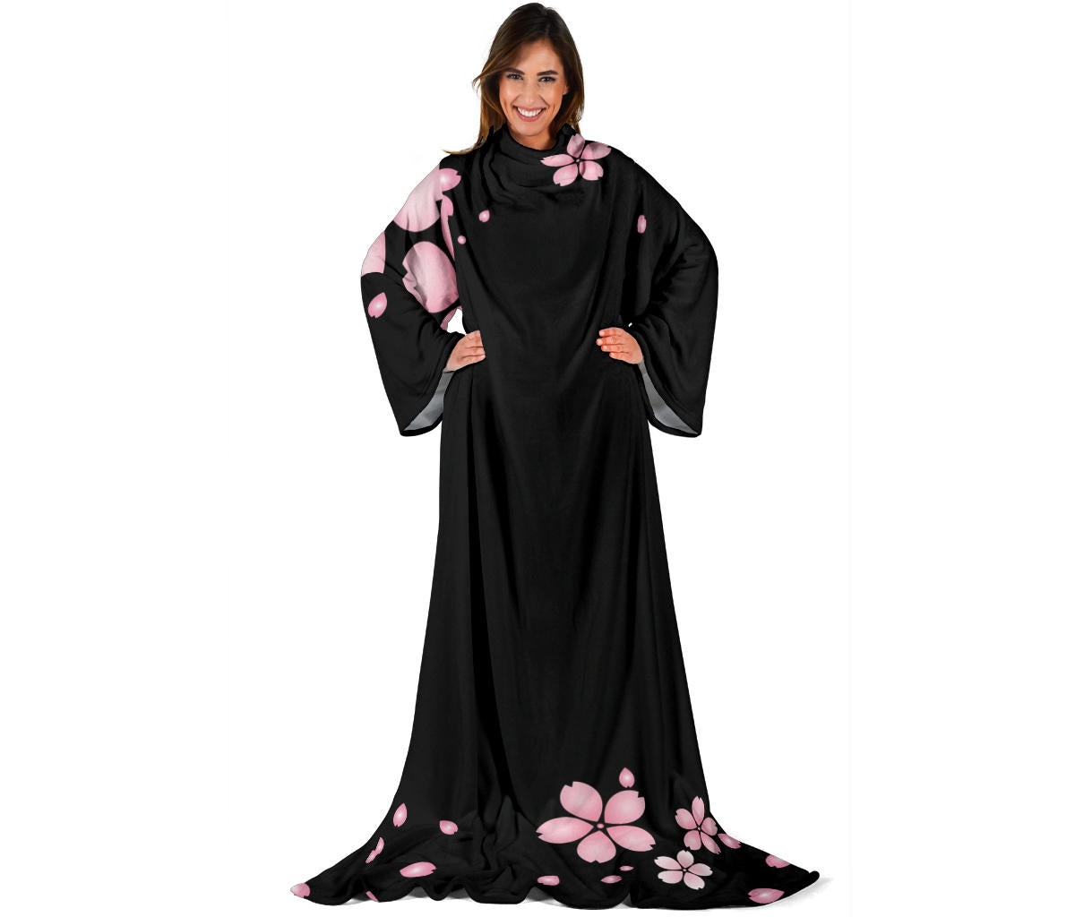 Black With Pink Flowers Adult Sleeve Blanket