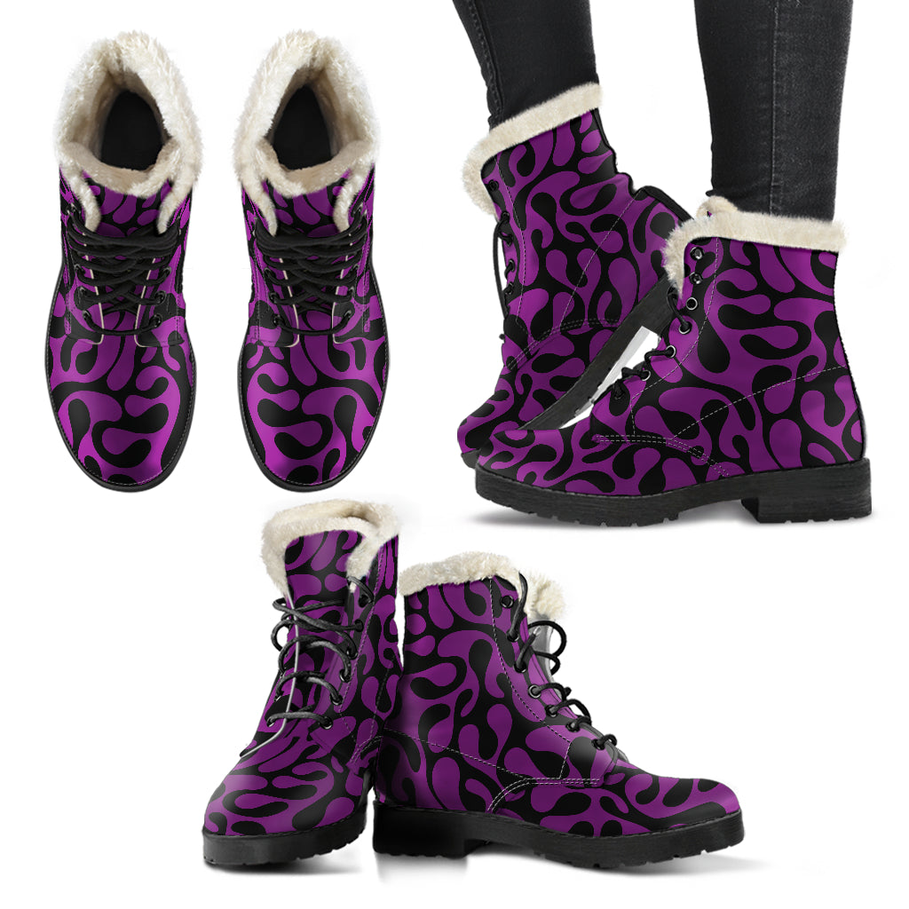 Purple And Black Swirls Faux Fur Eco-Friendly Leather Boots