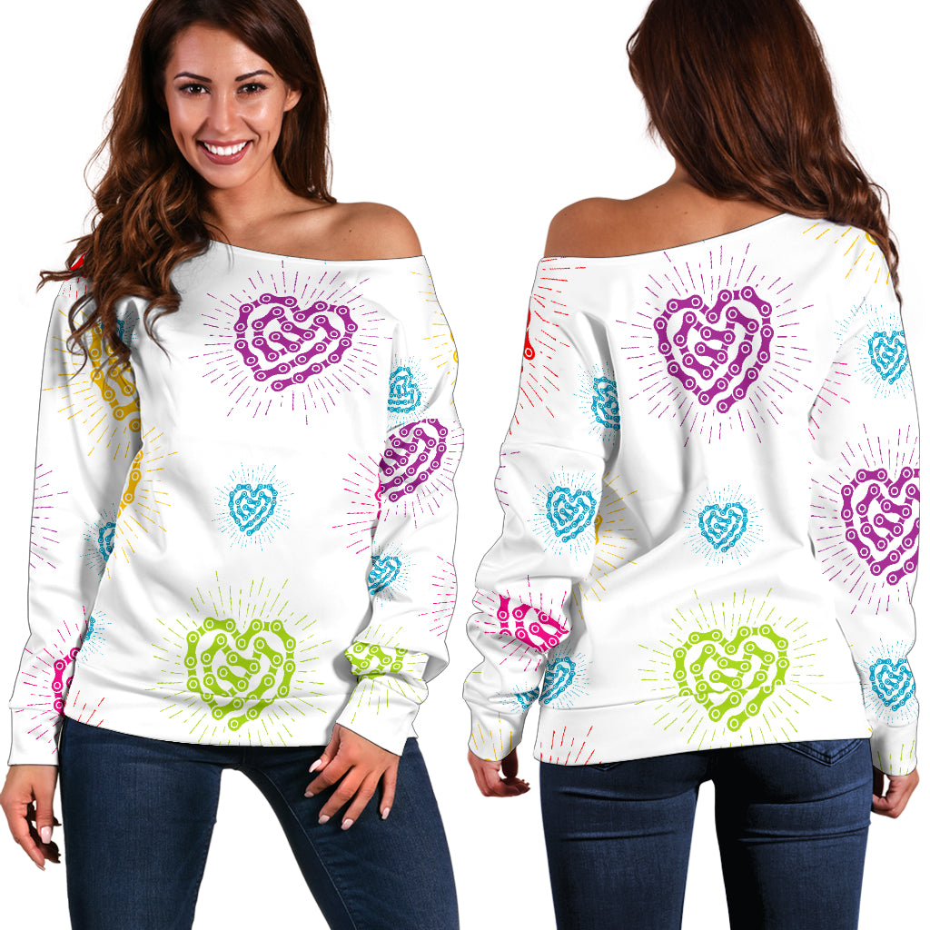 Women's White Chain Heart Off Shoulder Sweater