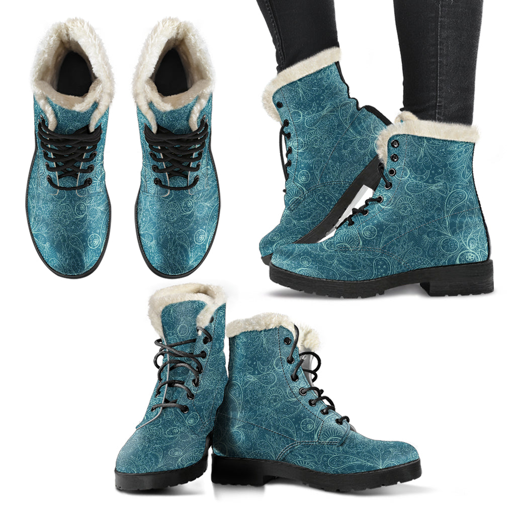 Blue Paisley Faux Fur Eco-Friendly Leather Boots