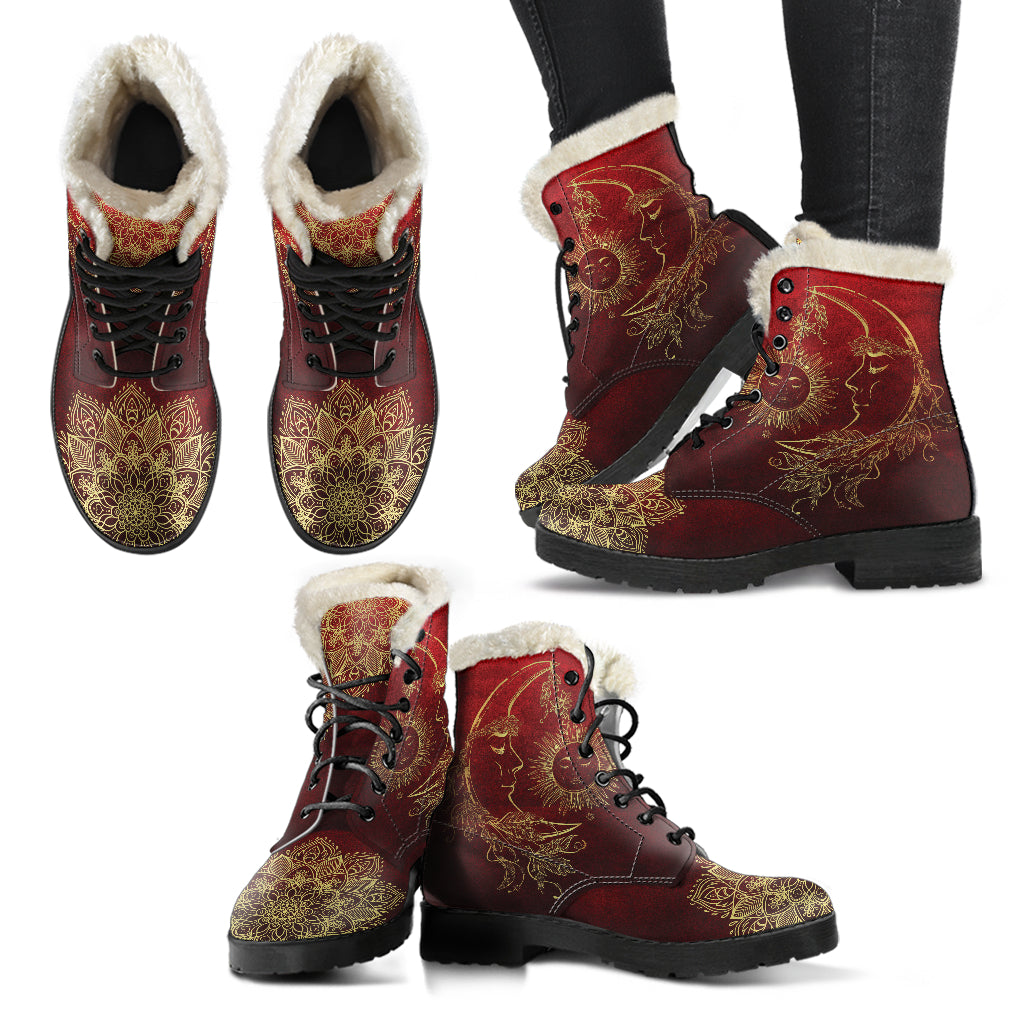 Red Sun And Moon Mandala Faux Fur Eco-Friendly Leather Boots