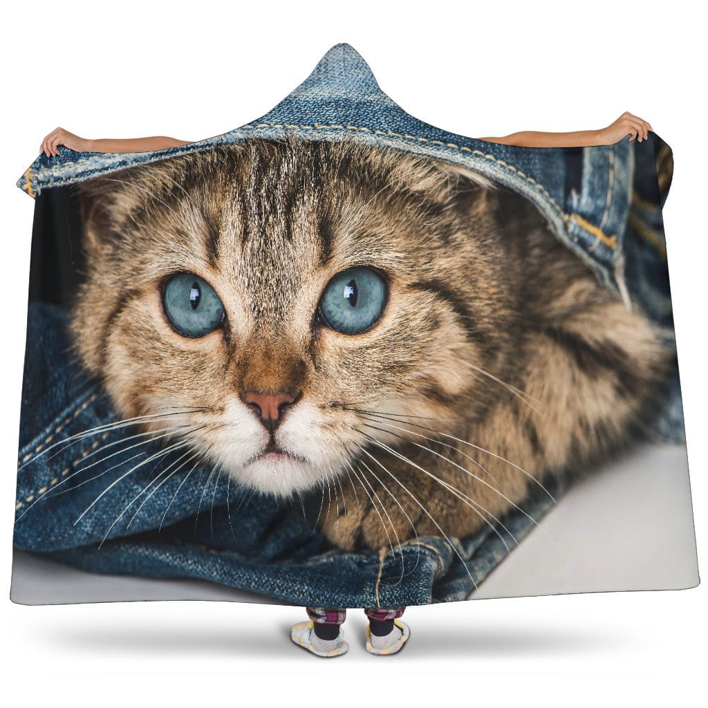 Cat Peeking Out Of Jeans Hooded Blanket
