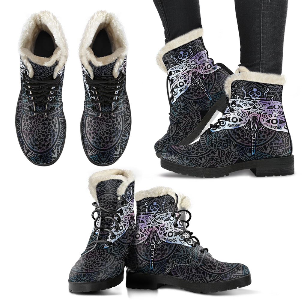 Dragonfly Mandala Faux Fur Eco-Friendly Leather Boots
