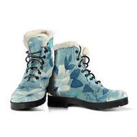 Load image into Gallery viewer, Vintage Blue Floral Faux Fur Eco-Friendly Leather Boots
