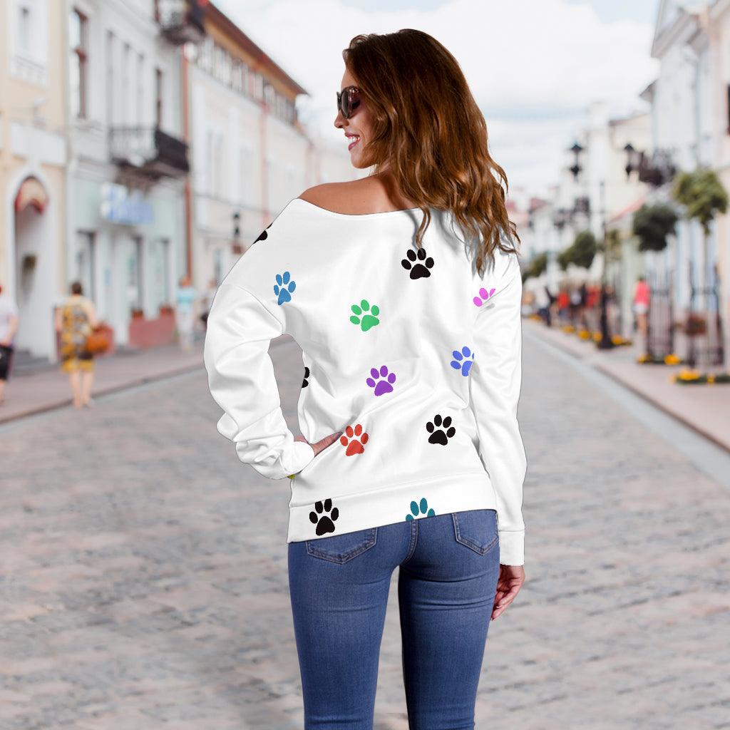 Colorful Paw Prints Women's Off Shoulder Sweater