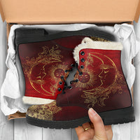 Load image into Gallery viewer, Red Sun And Moon Mandala Faux Fur Eco-Friendly Leather Boots

